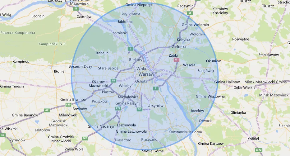 Mapa świadczenia usług Warszawa